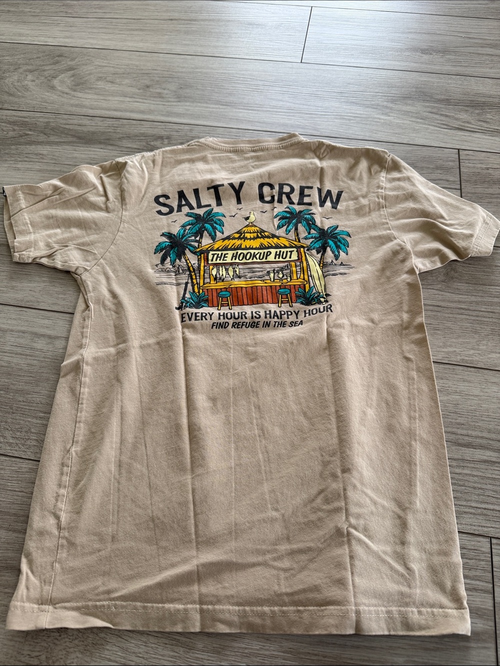 Salty Crew Beige Tee with Teal & Yellow Beach Hut Graphic Small